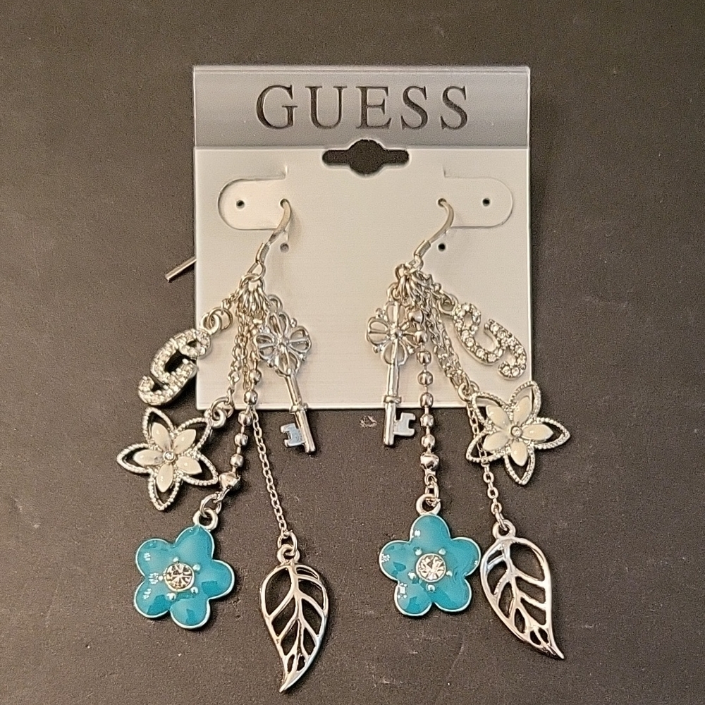 NEW Guess Silver & Blue Drop Earrings with Flowers & Key & Leaf Charms, 3"